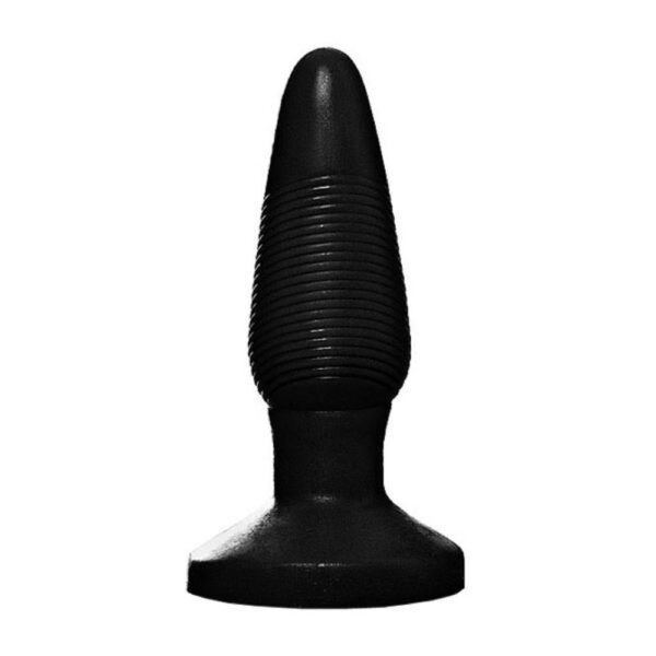 A imagem mostra um plug anal de silicone, na cor preta, formato de cone com estrias horizontais. Medidas 13cm x 4cm