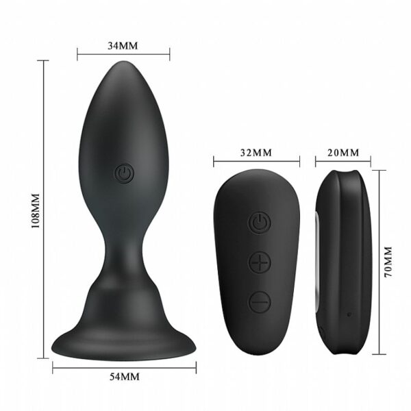 Plug anal preto com vibrador em diversas frequências. Bateria recarregável. A imagem mostra o plug e o controle remoto